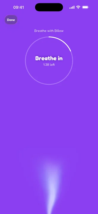 Breathe with Billow: a ring guiding a slow breath out as the plume settles.